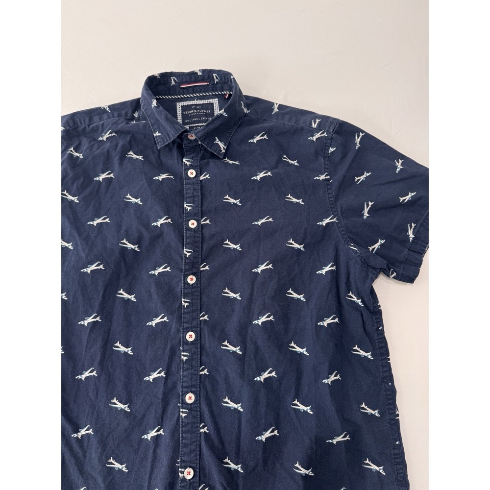 Denim & Flower Ricky Singh Mens Large Slim Fit Airplane Print Button Up Shirt